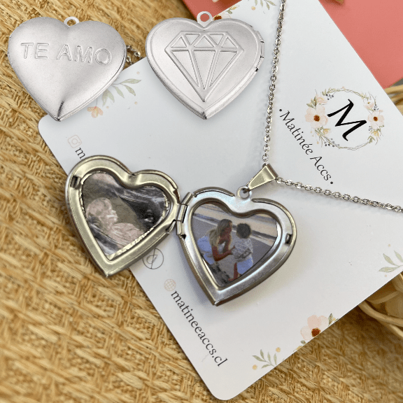 Collar con relicario corazón dos fotos personalizado plateado / unidad5