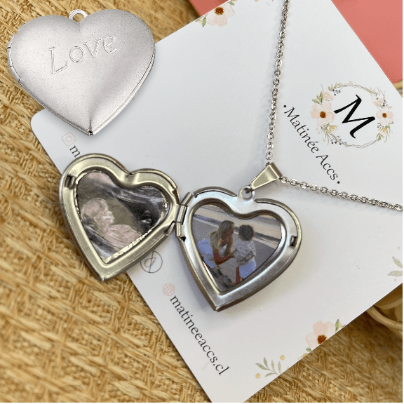 Collar con relicario corazón dos fotos personalizado plateado / unidad4