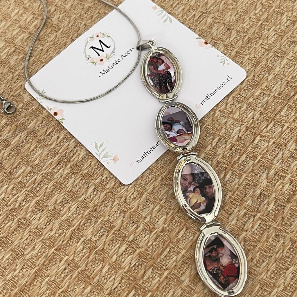 Collar y llavero con relicario cuatro fotos personalizado plateado / unidad7