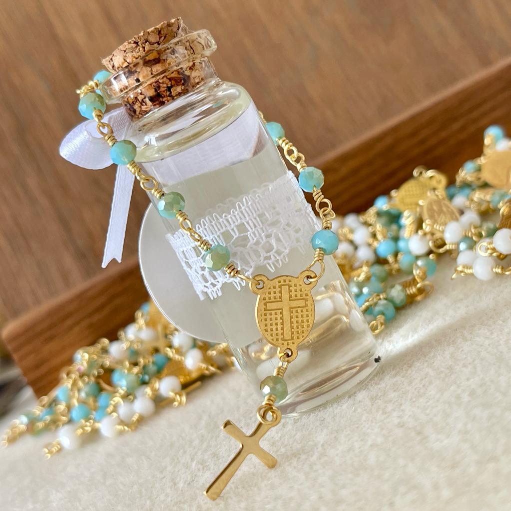 Souvenir Decenarios en alambrismo y botella para recuerdo bautizo comunión / 6 unidades3