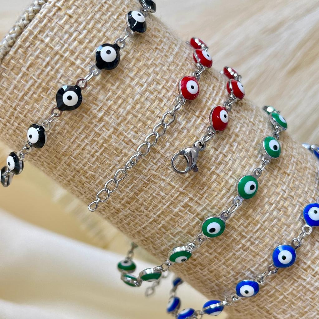 Pulsera protección con ojos turcos nazar en acero plateado / unidad2