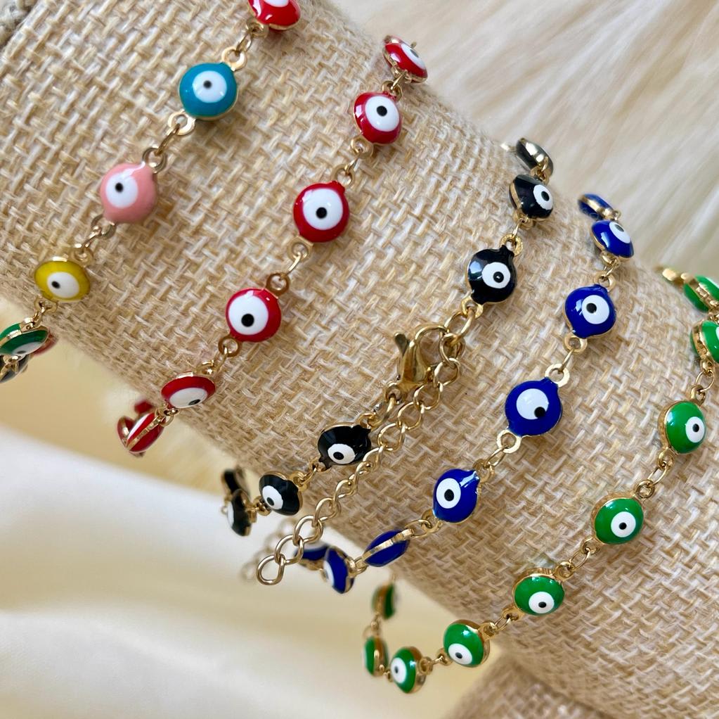 Pulsera protección con ojos turcos nazar en acero dorado / unidad2
