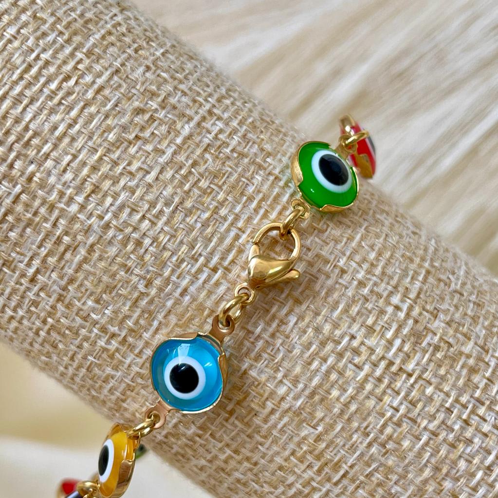 Pulsera protección con ojos turcos nazar grandes en acero dorado / unidad2