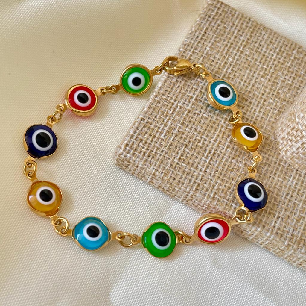 Pulsera protección con ojos turcos nazar grandes en acero dorado / unidad3