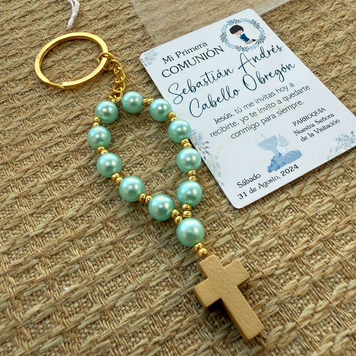 Souvenir decenario llavero de perlas para recuerdos de bautizo comunión / docena3