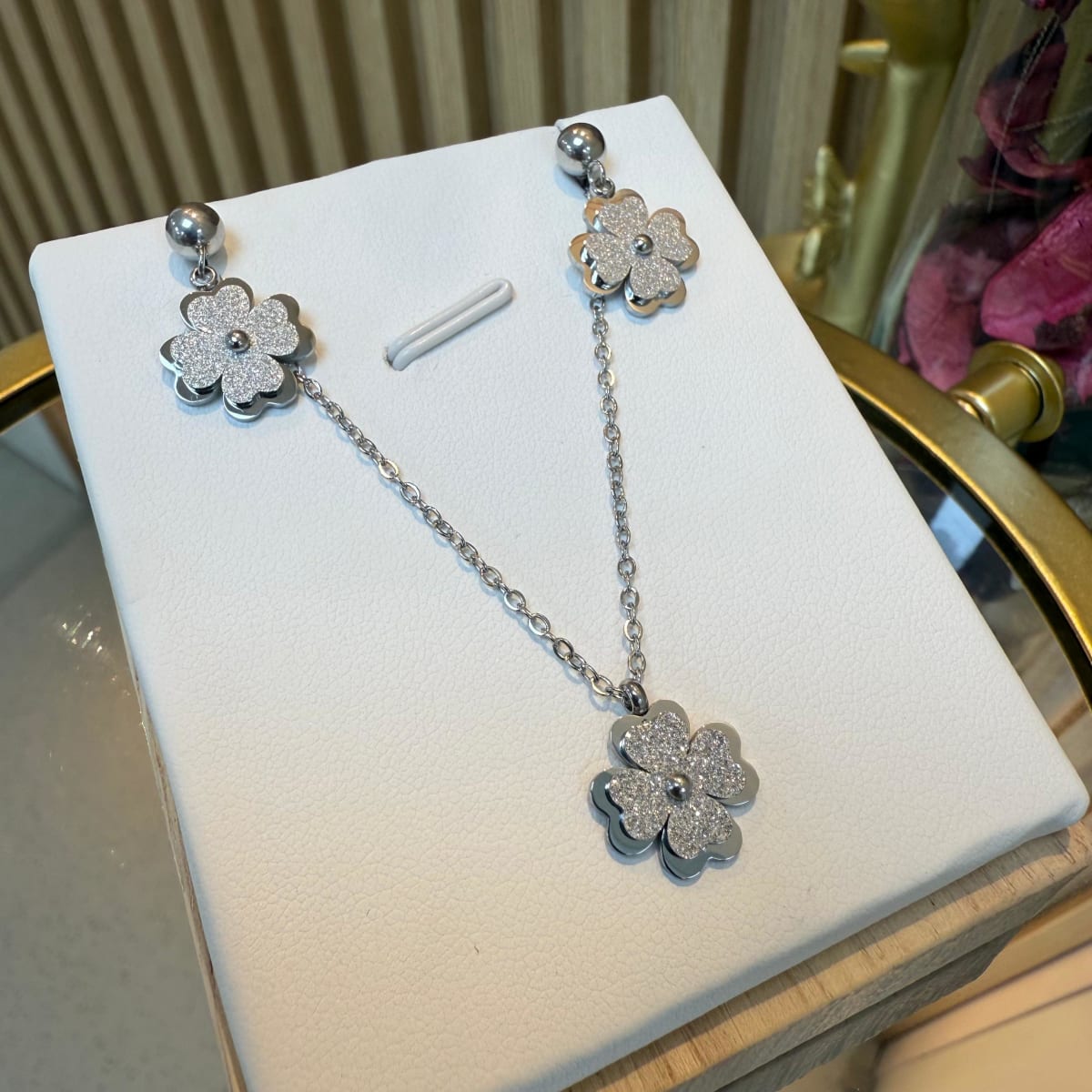 Collar y aros aretes trébol conjunto acero / set4