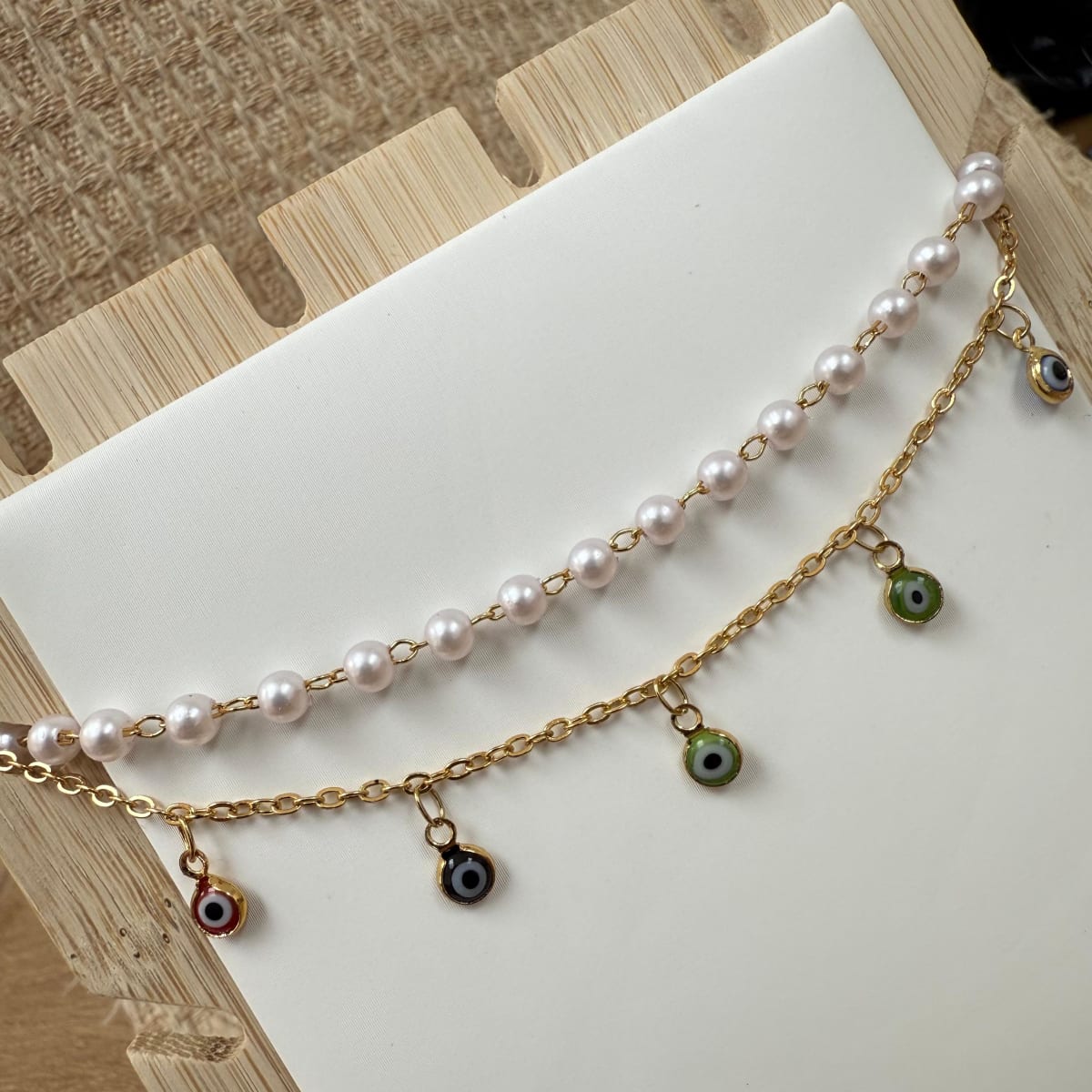 Pulsera doble perlas ojo turco balín acero / unidad1