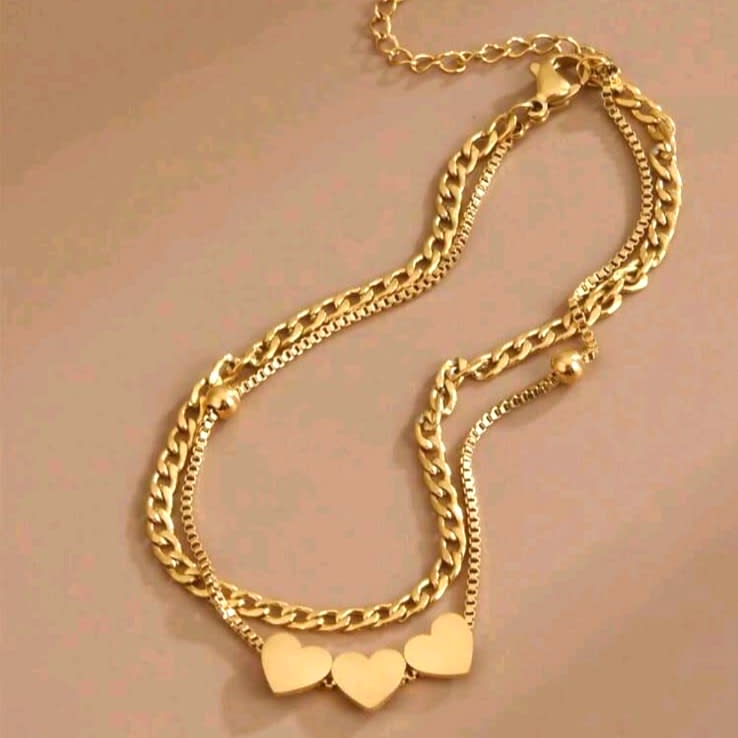 Tobillera doble minimalista corazones acero / unidad3