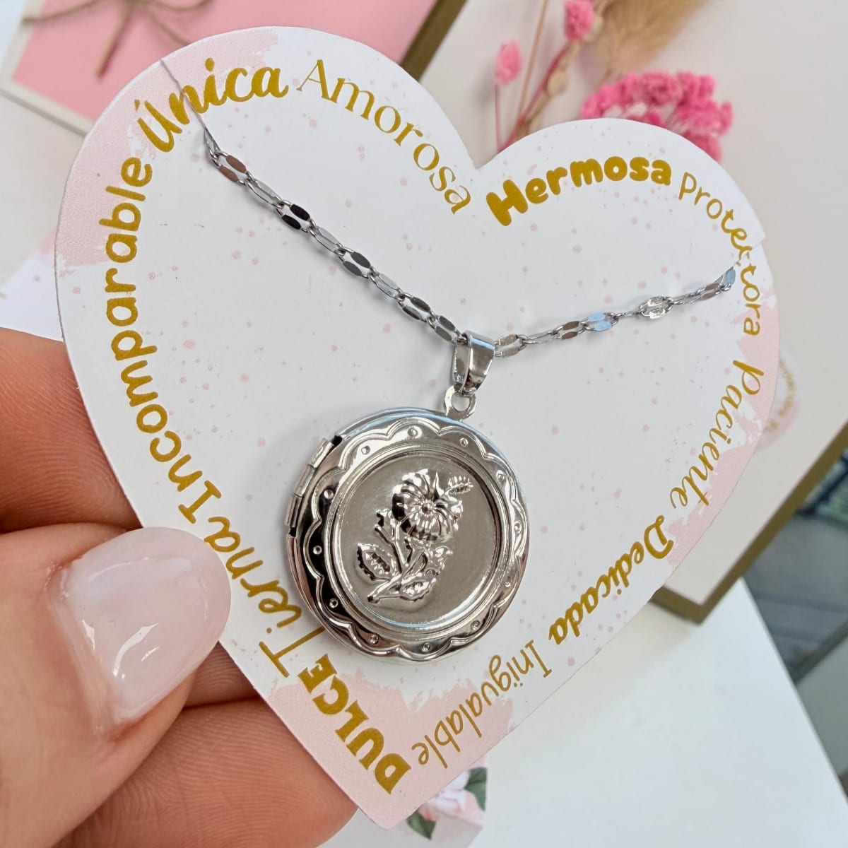 Collar con relicario redondo flor dos fotos personalizado para regalo plateado / unidad2