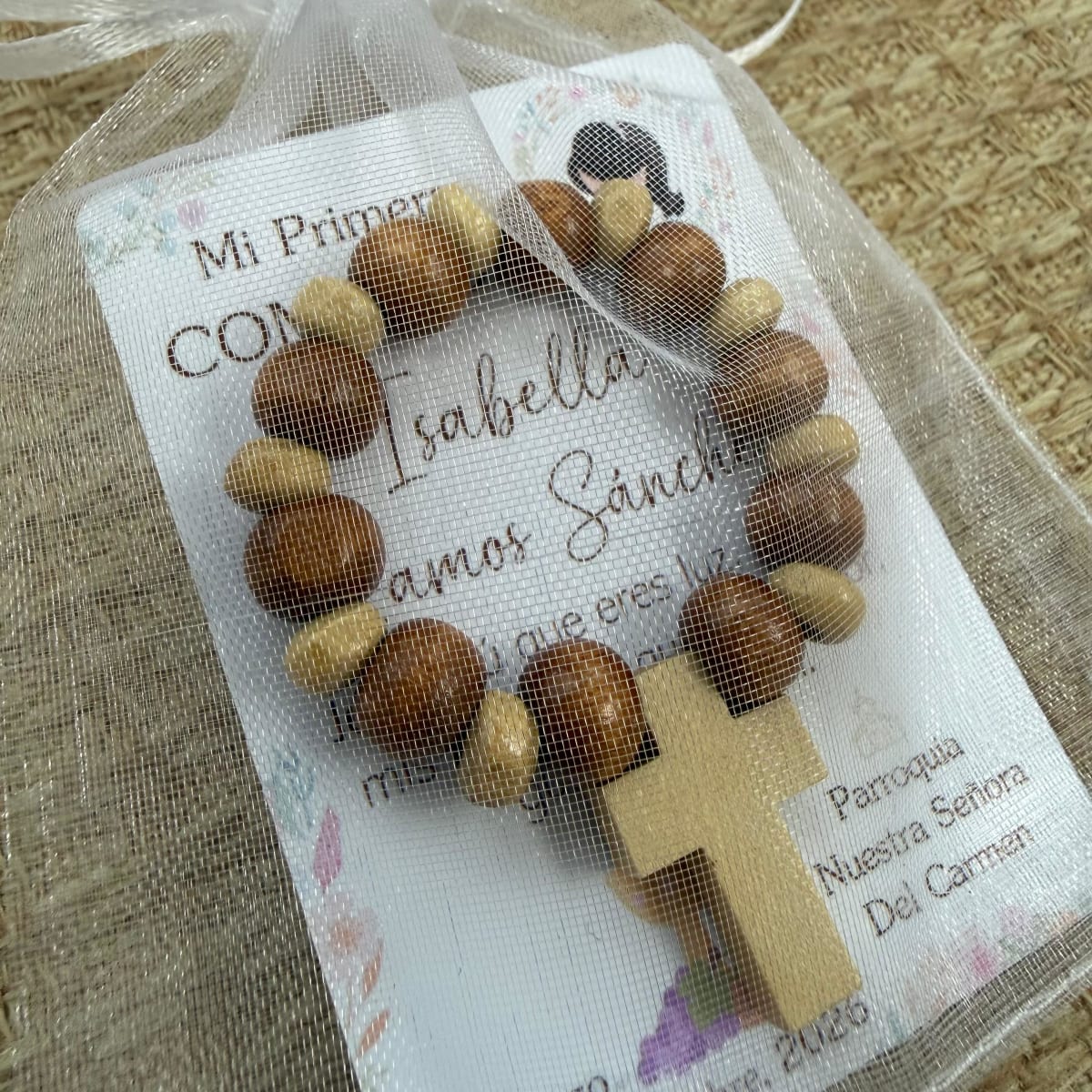 Souvenir decenarios madera beige recuerdos bautizo comunión confirmación difunto / docena4
