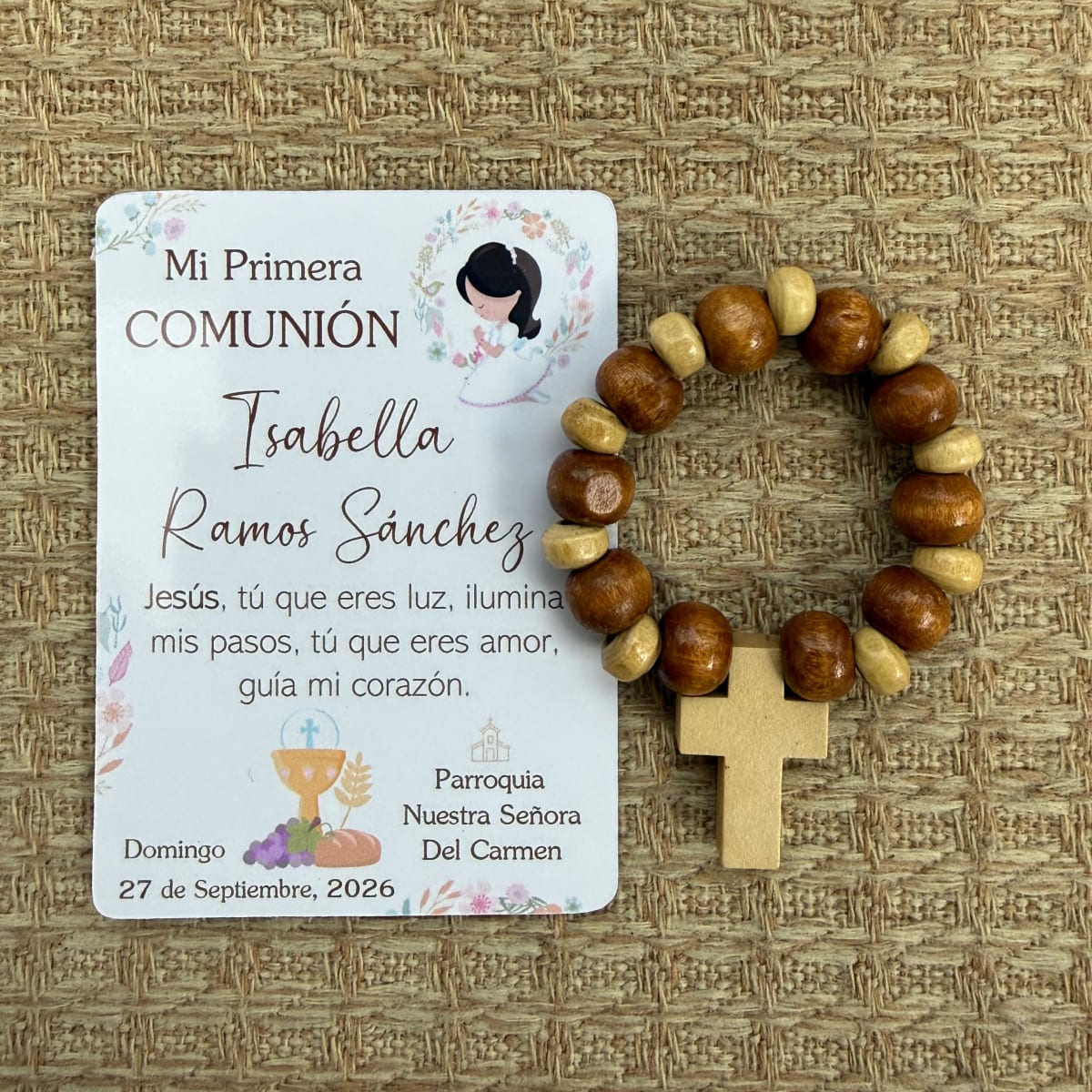 Souvenir decenarios madera beige recuerdos bautizo comunión confirmación difunto / docena3