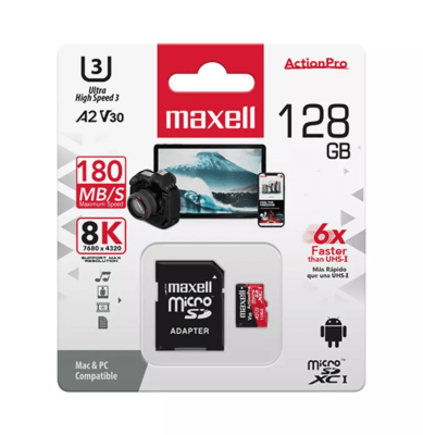 TARJETA MICRO SD CON ADAPTADOR 128G MAXELL ACTION PRO A2 V30 180MB POR SEGUNDO 128U3A21