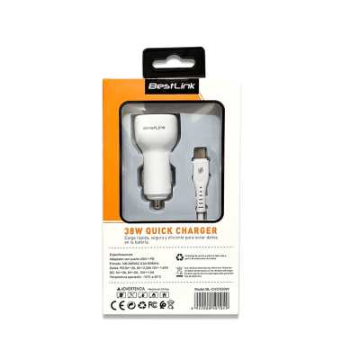 CARGADOR DE AUTO USB Y USB C CON CABLE USB C BESTLINK1