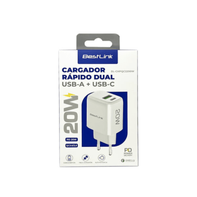 Cargador Rápido Dual USB-A + USB-C 20W / BL-CHPQC2200W1