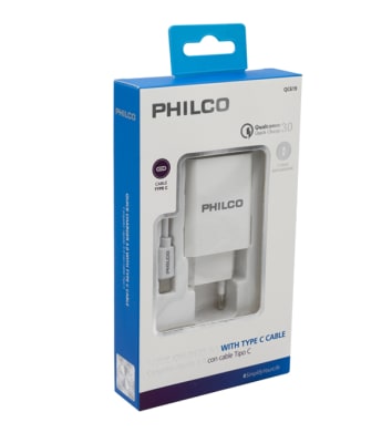 CARGADOR RAPIDO CON PUERTO TIPO C CON CABLE LIGHTNING PHILCO QC624