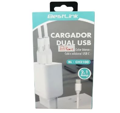 CARGADOR DUAL USB 2.1 AMP CON CABLE USB A USB C BLANCO BESTLINK1