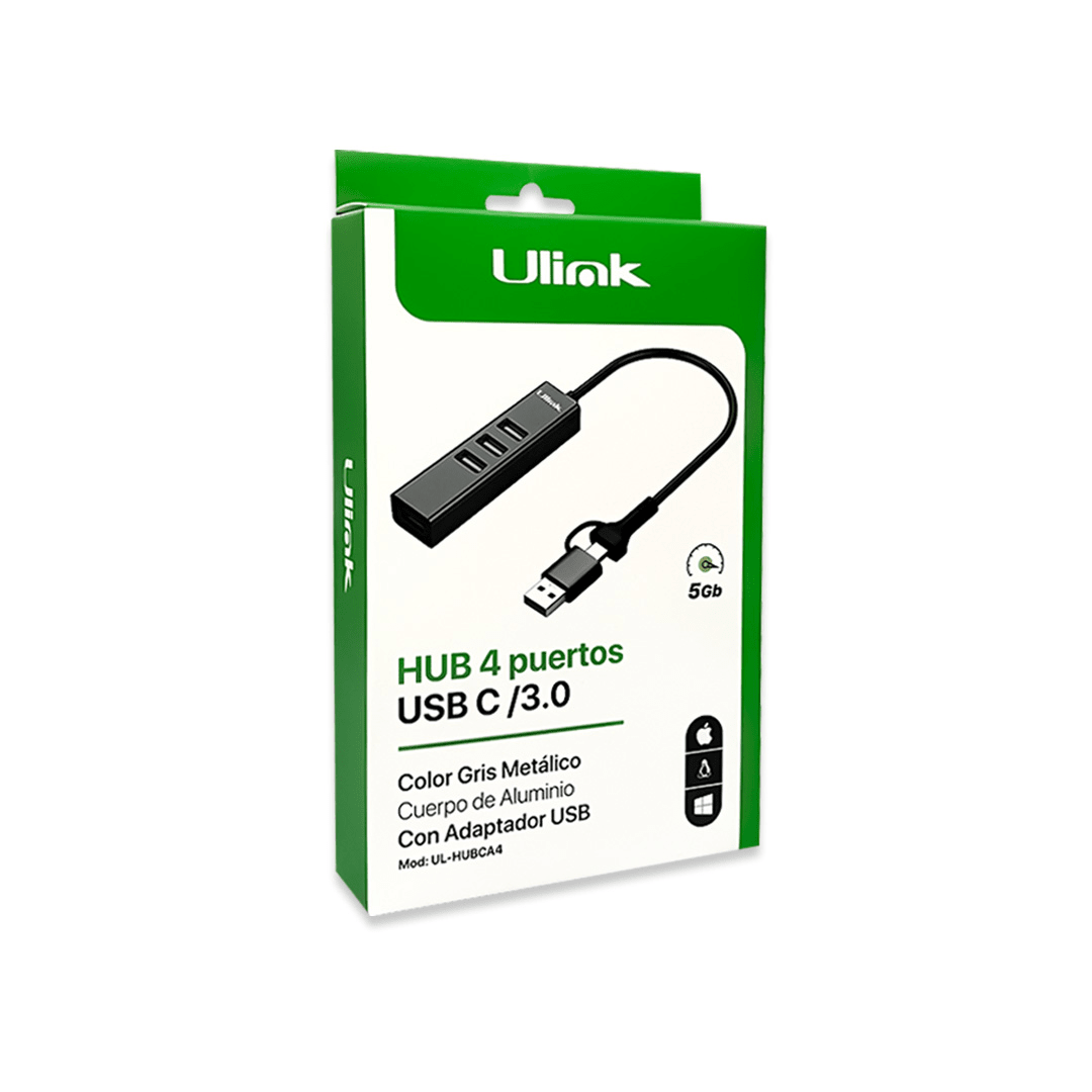 HUB USB / USB C A USB 4 PUERTOS 3.0 ALUMINIO 5 GBPS ULINK2