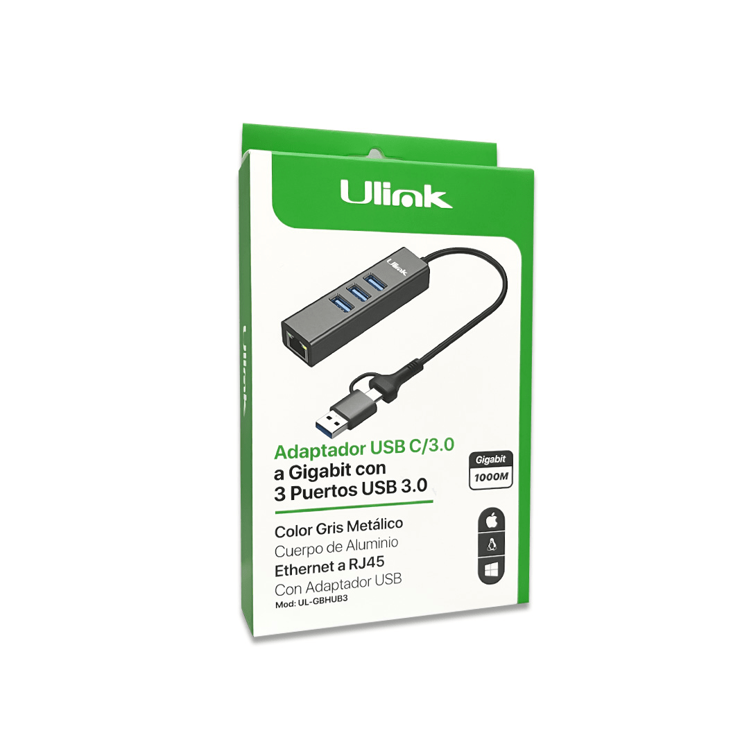 Adaptador USB tipo C/A a gigabit con 3 puertos USB 3.0 / mod. UL-GBHUB31