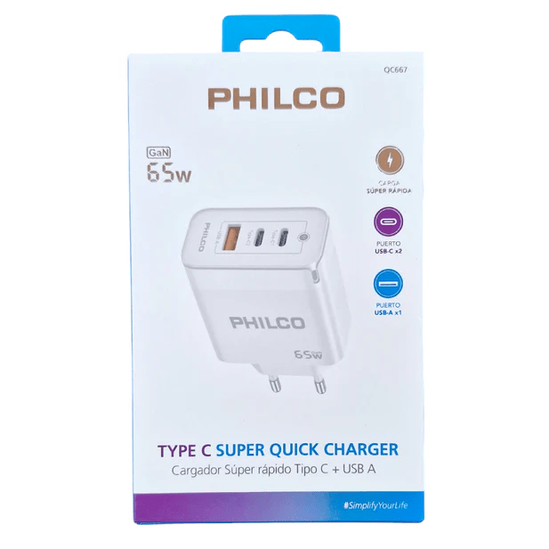 CARGADOR SUPER RAPIDO DE 65W TIPO C + USB A QC667 1