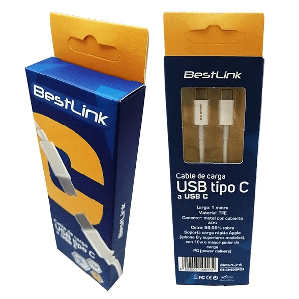 CABLE DE CARGA USB C A USB C BLANCO 18W 1 MTS 3 AMP CARGA Y SINCRONIZACIÓN BESTLINK2