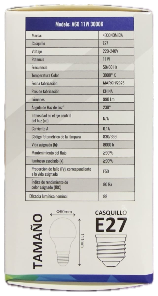 AMPOLLETA 11W LED LUZ CALIDA 3000K E272