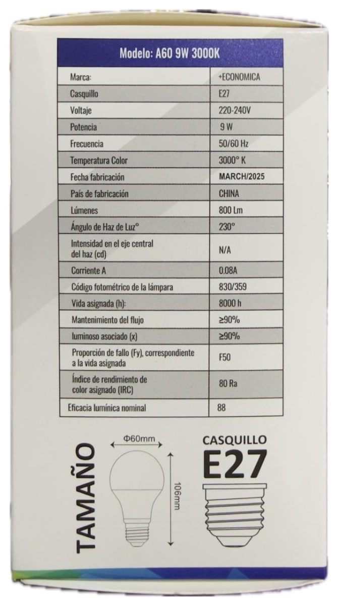AMPOLLETA 9W LED LUZ CALIDA 3000K  E271