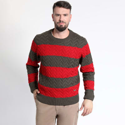SWEATER HOMBRE MANGA LARGA RAYAS CUELLO REDONDO ROJO – ESTILO CLÁSICO Y CONFORT PARA CUALQUIER OCASIÓN I3004N002