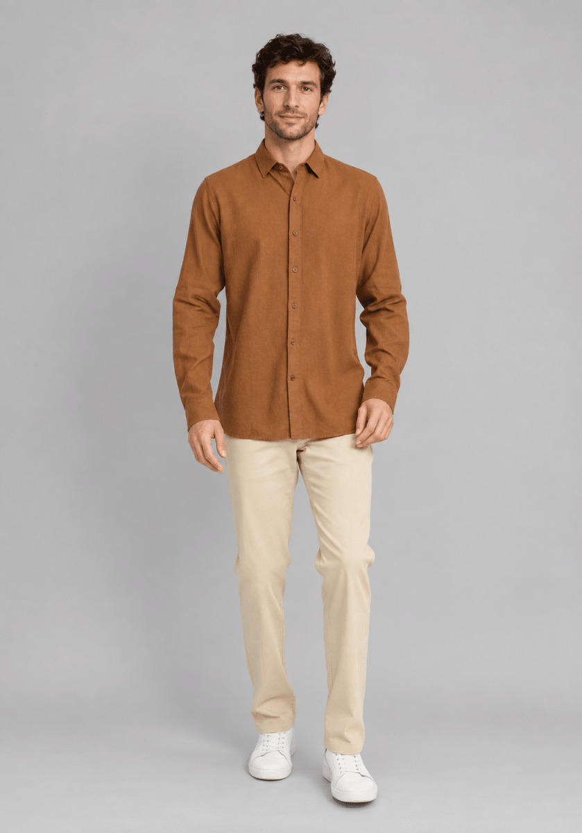 CAMISA MANGA LARGA DE LINO CAFE V7000N0384