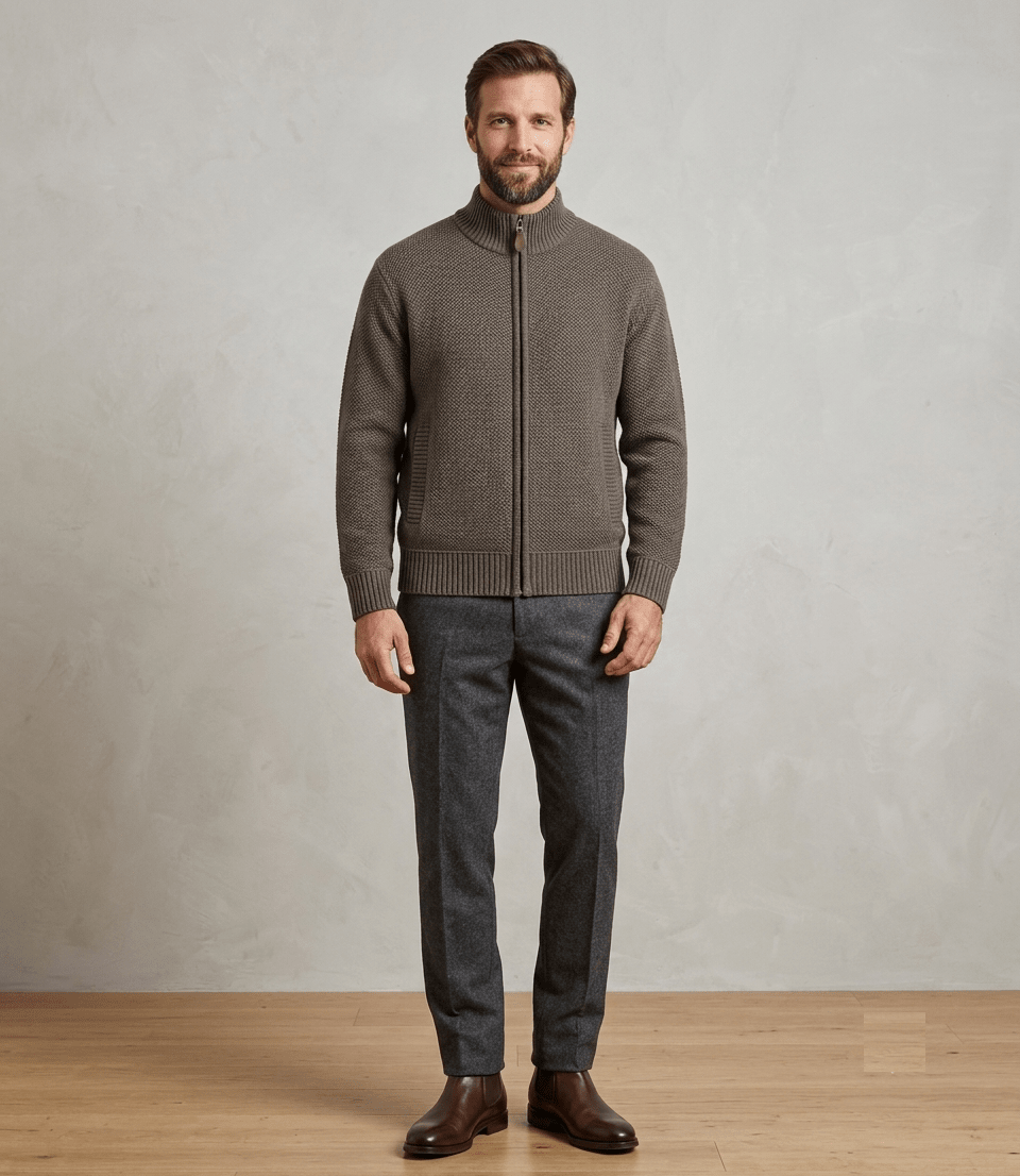 SWEATER FULL ZIP ALGODON CON INTERIOR DE POLAR CAFE I6001N0392