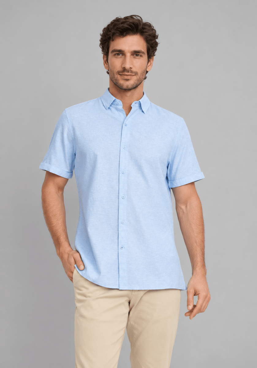 CAMISA MANGA CORTA DE LINO CELESTE V7000N0702