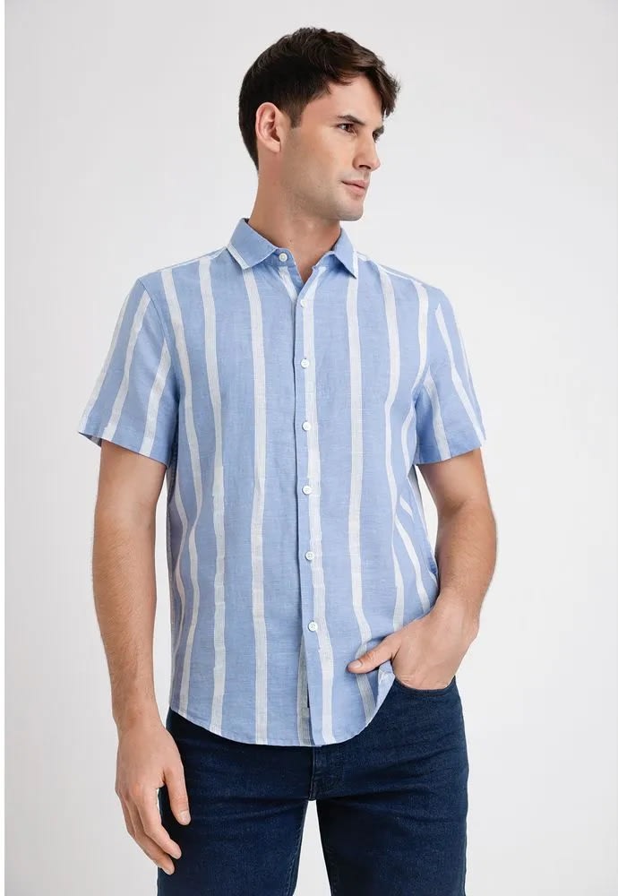 CAMISA MANGA CORTA HOMBRE LINO LISTADA CELESTE V5001N0701