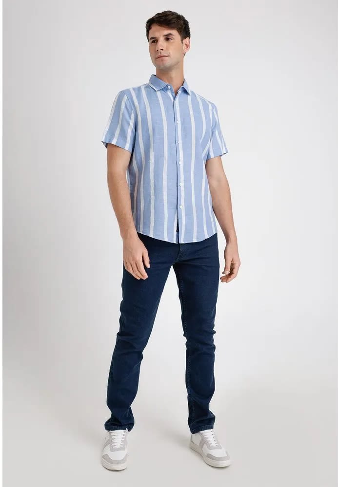 CAMISA MANGA CORTA HOMBRE LINO LISTADA CELESTE V5001N0704