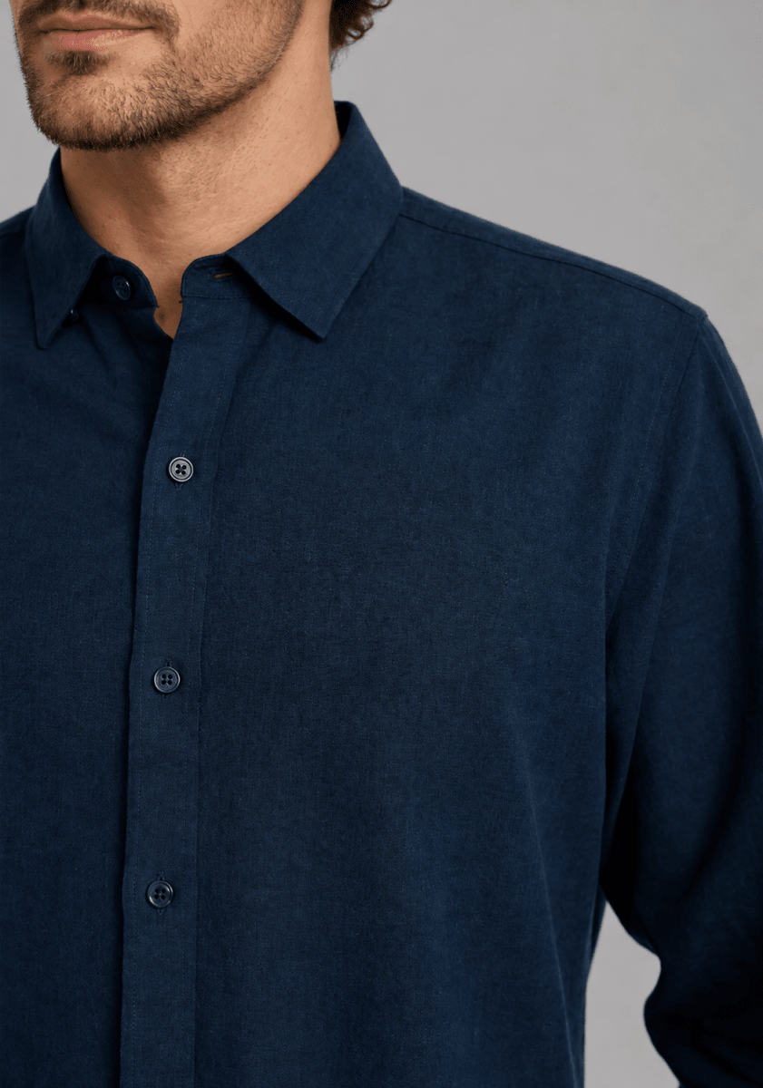 CAMISA MANGA LARGA DE LINO AZUL MARINO V7000N0791