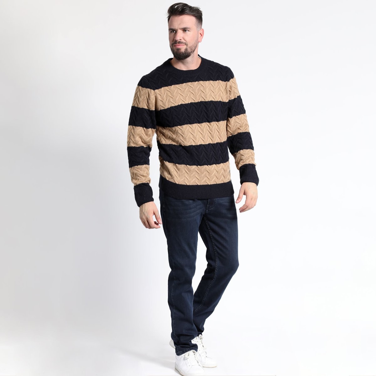 SWEATER HOMBRE MANGA LARGA RAYAS CUELLO REDONDO NEGRO – ESTILO CLÁSICO Y CONFORT PARA CUALQUIER OCASIÓN I3004N0013
