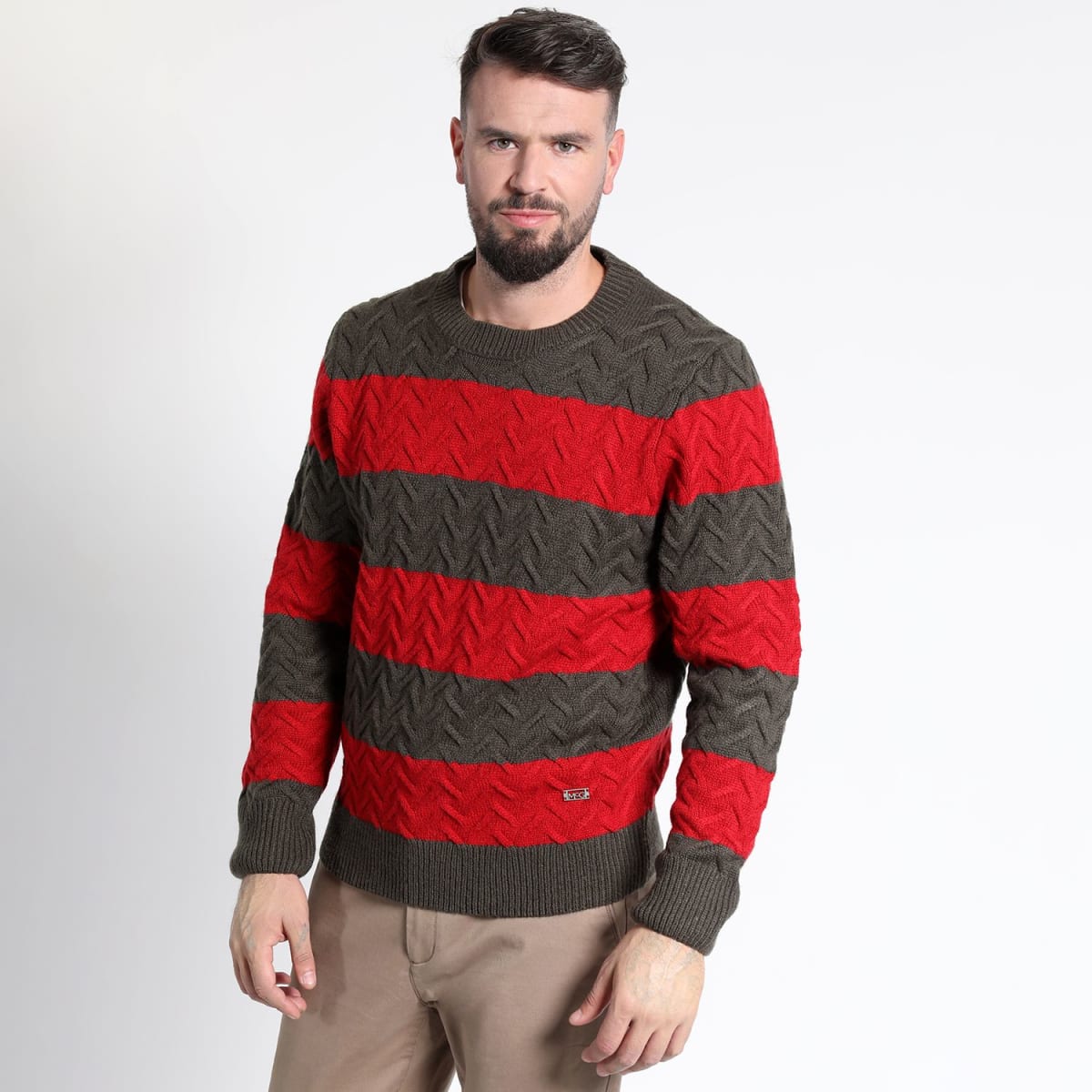 SWEATER HOMBRE MANGA LARGA RAYAS CUELLO REDONDO ROJO – ESTILO CLÁSICO Y CONFORT PARA CUALQUIER OCASIÓN I3004N0022