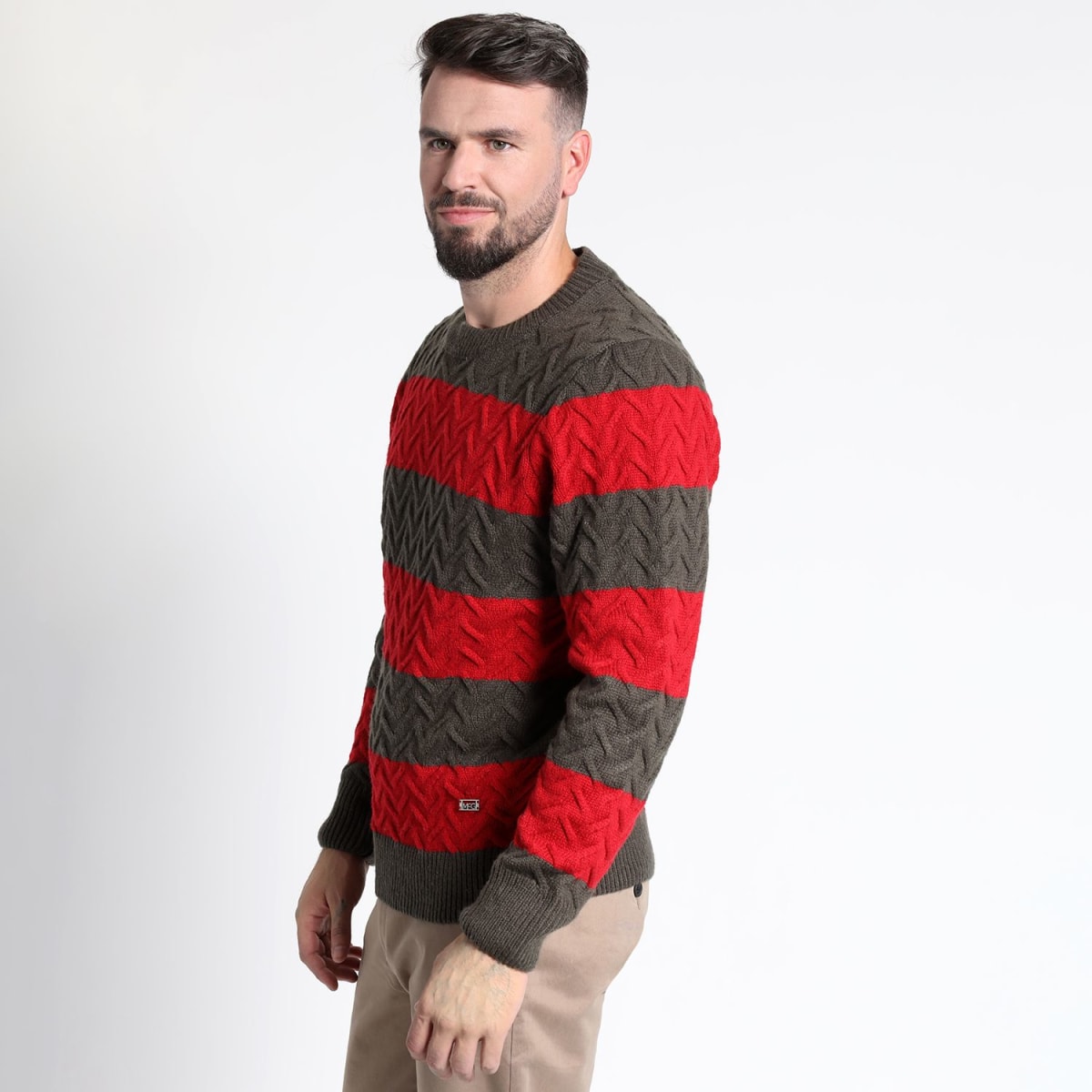 SWEATER HOMBRE MANGA LARGA RAYAS CUELLO REDONDO ROJO – ESTILO CLÁSICO Y CONFORT PARA CUALQUIER OCASIÓN I3004N0023