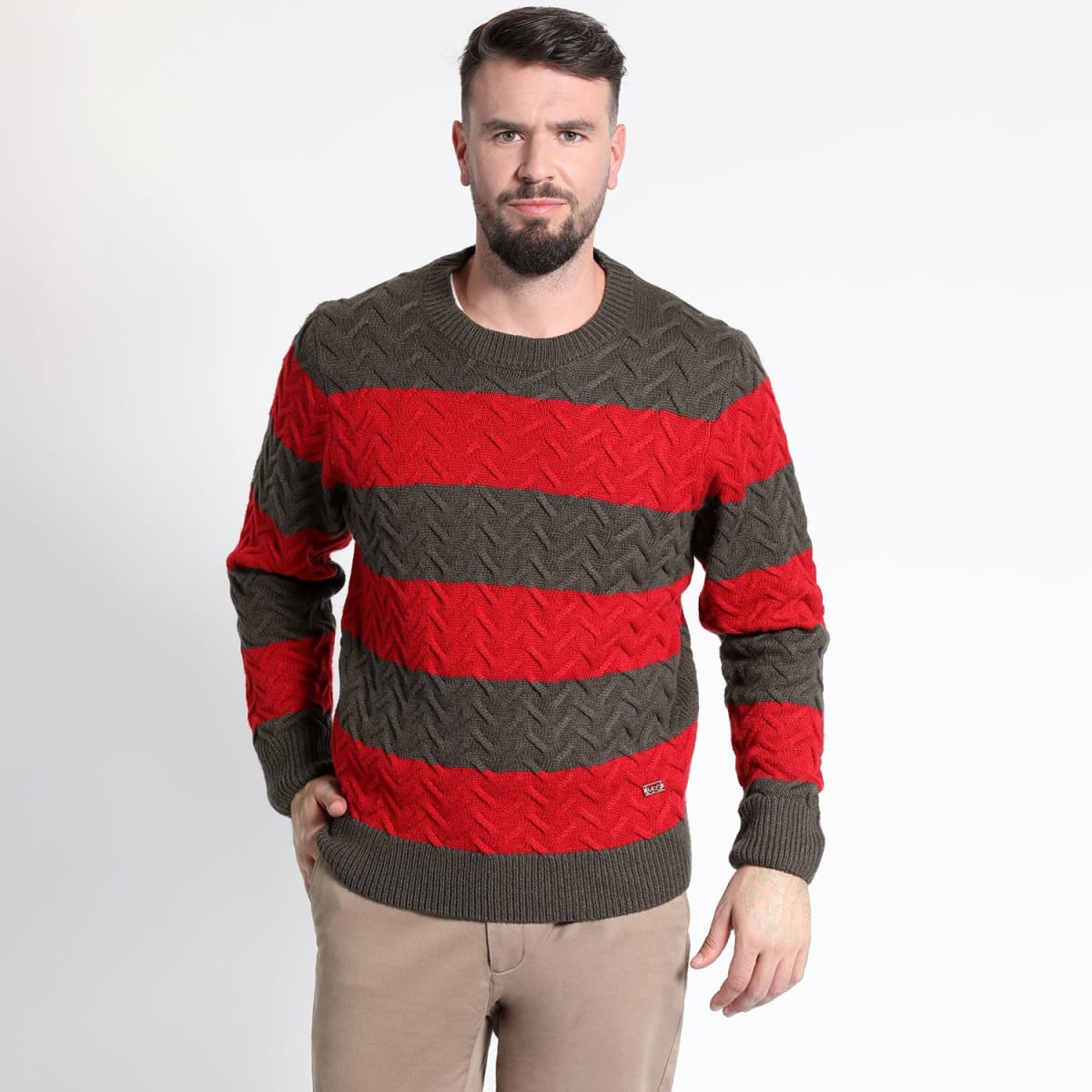 SWEATER HOMBRE MANGA LARGA RAYAS CUELLO REDONDO ROJO – ESTILO CLÁSICO Y CONFORT PARA CUALQUIER OCASIÓN I3004N0021