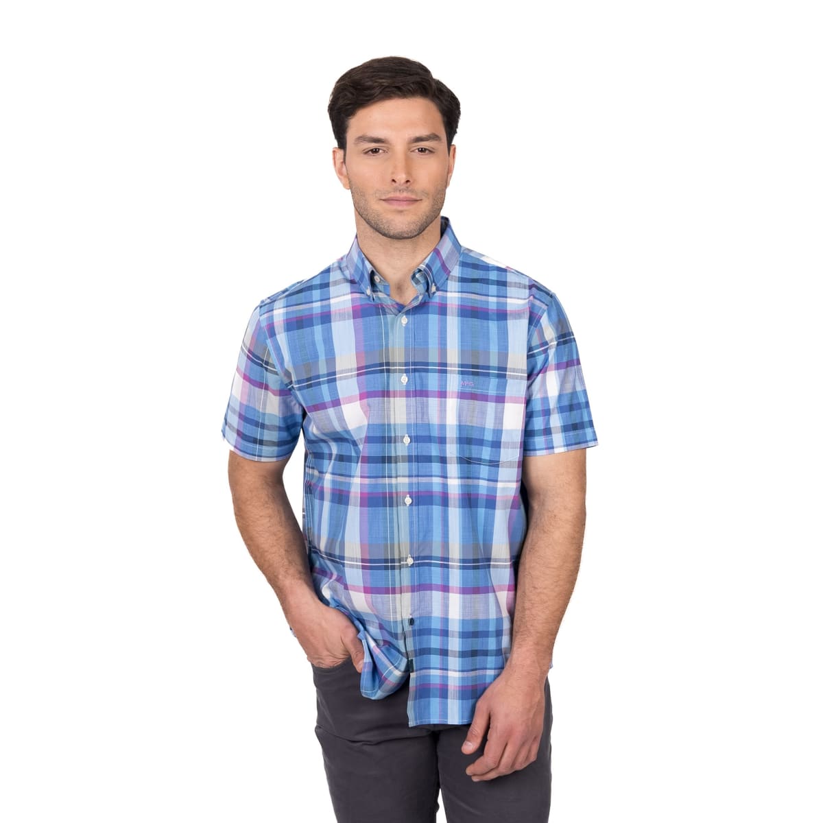 CAMISA MANGA CORTA HOMBRE ESCOCESA AZUL PIEDRA V5010N5691