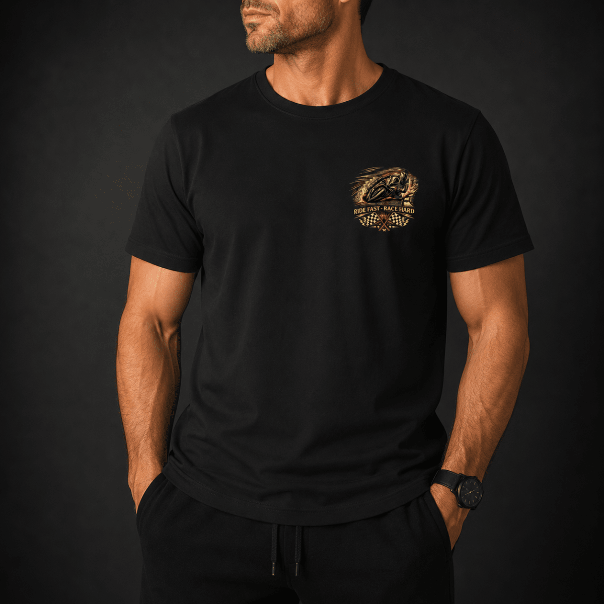 POLERA MANGA CORTA ESTAMPADA RIDE FAST RACE HARD NEGRA V7002N0091