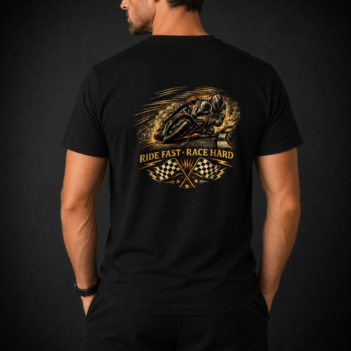 POLERA MANGA CORTA ESTAMPADA RIDE FAST RACE HARD NEGRA V7002N0092