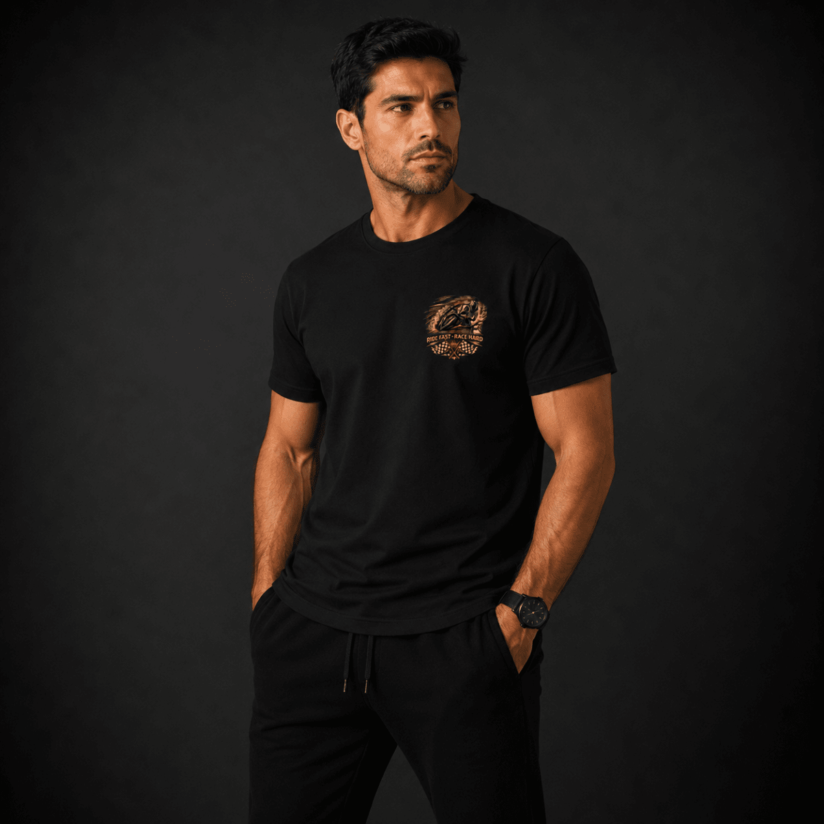 POLERA MANGA CORTA ESTAMPADA RIDE FAST RACE HARD NEGRA V7002N0093
