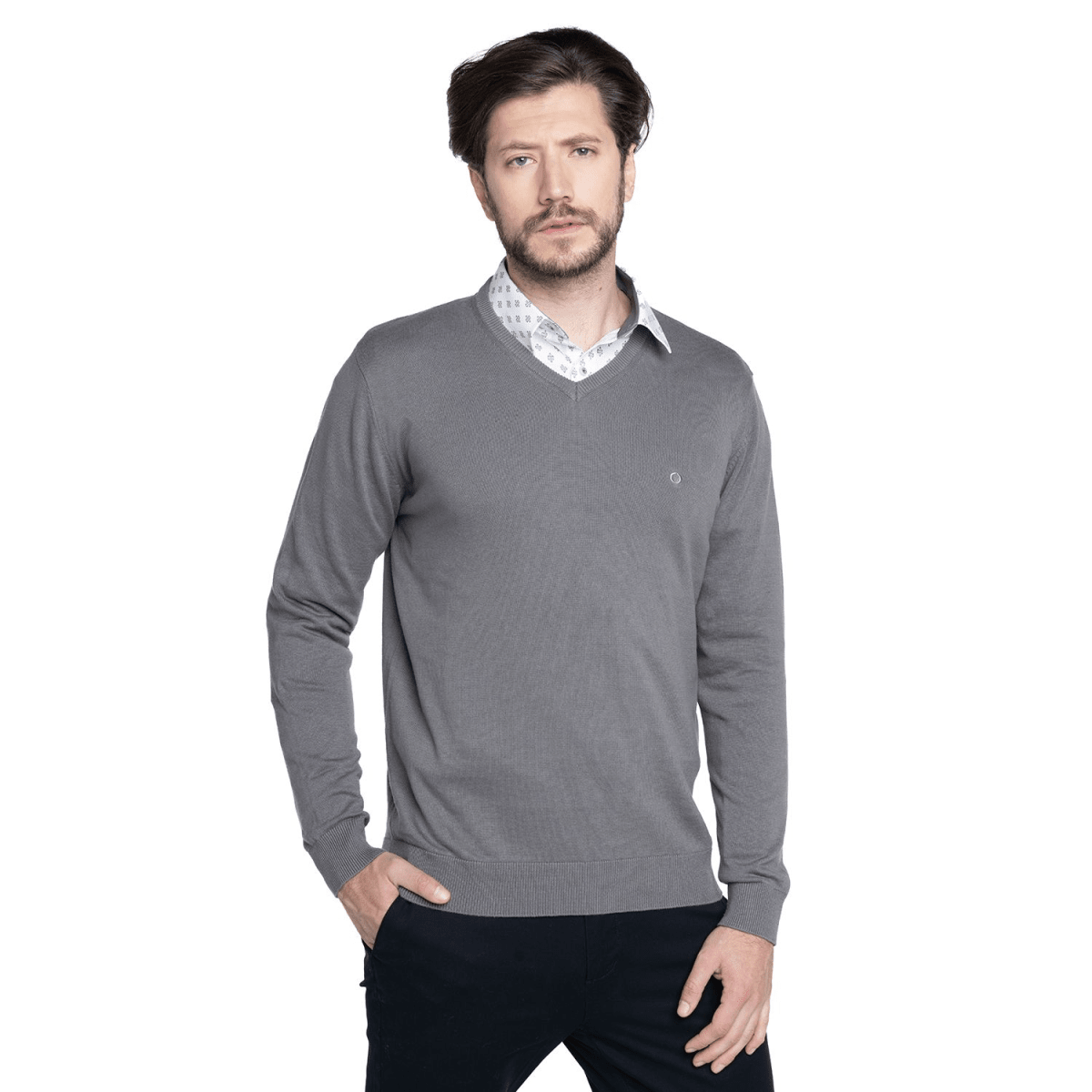 SWEATER CUELLO EN V ALGODÓN GRIS LI000N0041