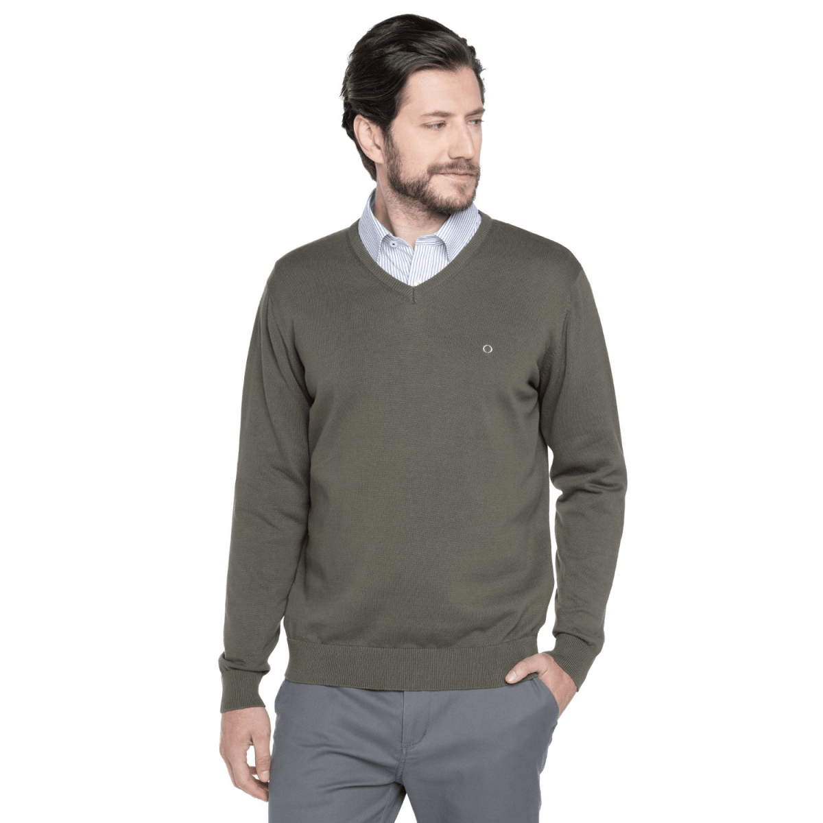 SWEATER CUELLO EN V ALGODÓN VERDE OLIVO LI000N0951