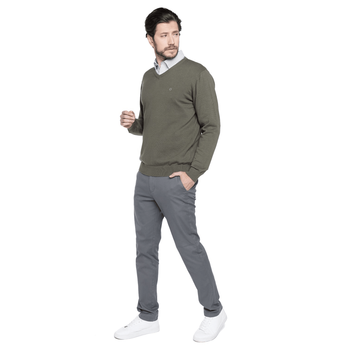 SWEATER CUELLO EN V ALGODÓN VERDE OLIVO LI000N0954