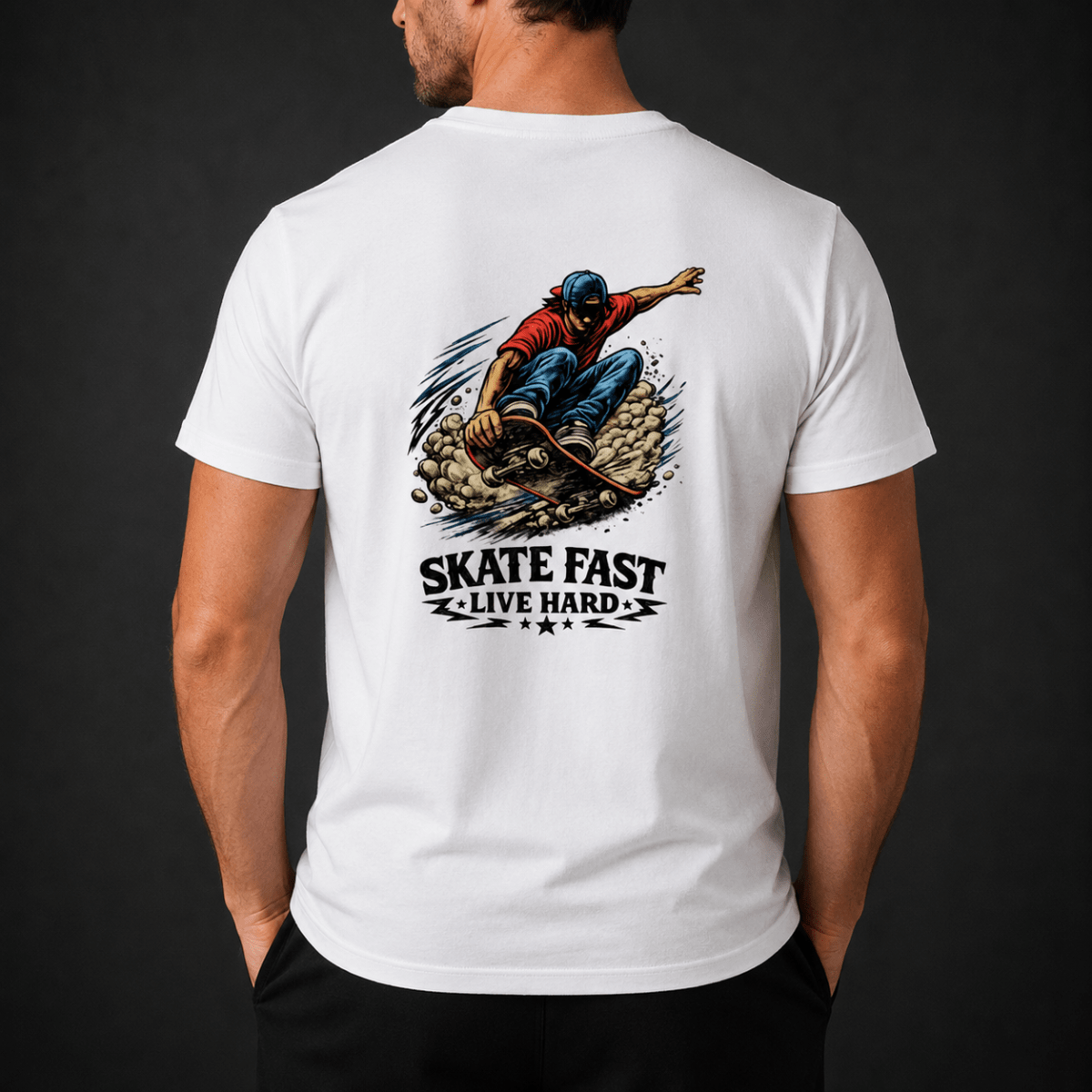 POLERA MANGA CORTA ESTAMPADA SKATE FAST LIVE HARD BLANCA V7002N0012