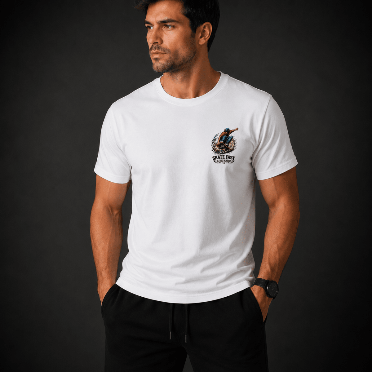 POLERA MANGA CORTA ESTAMPADA SKATE FAST LIVE HARD BLANCA V7002N0013