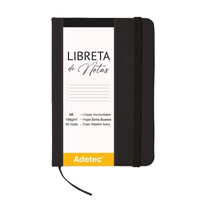 LIBRETA DE NOTAS A6 C/ ELÁSTICO 100G 80HJ NEGRA ADETEC