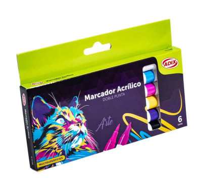 SET 6 MARCADORES ACRÍLICOS DOBLE PUNTA COLORES INTENSOS ADIX
