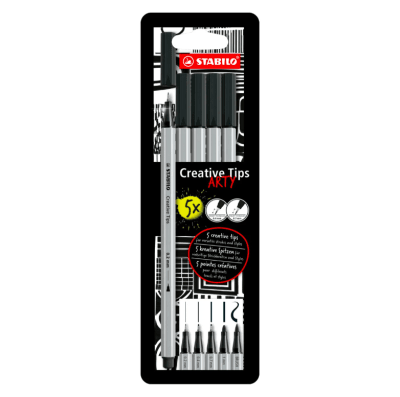 SET TIRALÍNEAS + BRUSH CREATIVE TIPS NEGRO (5UN) STABILO