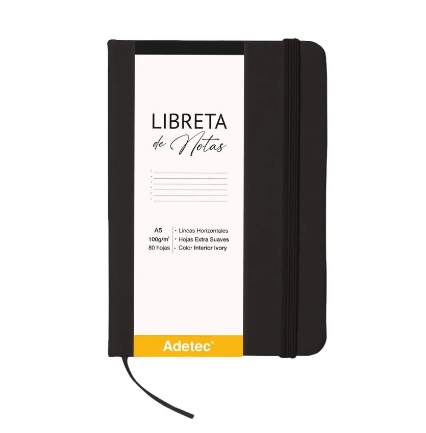 LIBRETA DE NOTAS A5 C/ ELÁSTICO 100G 80HJ NEGRA ADETEC1